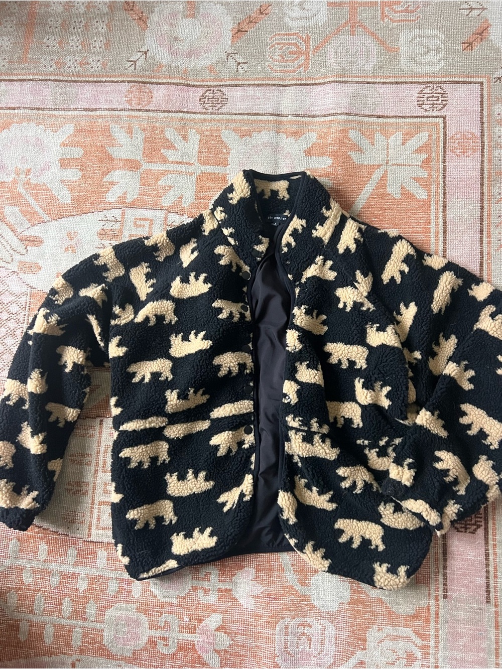 Blu Pepper Black Sherpa Fleece Jacket with Cream Bear Print